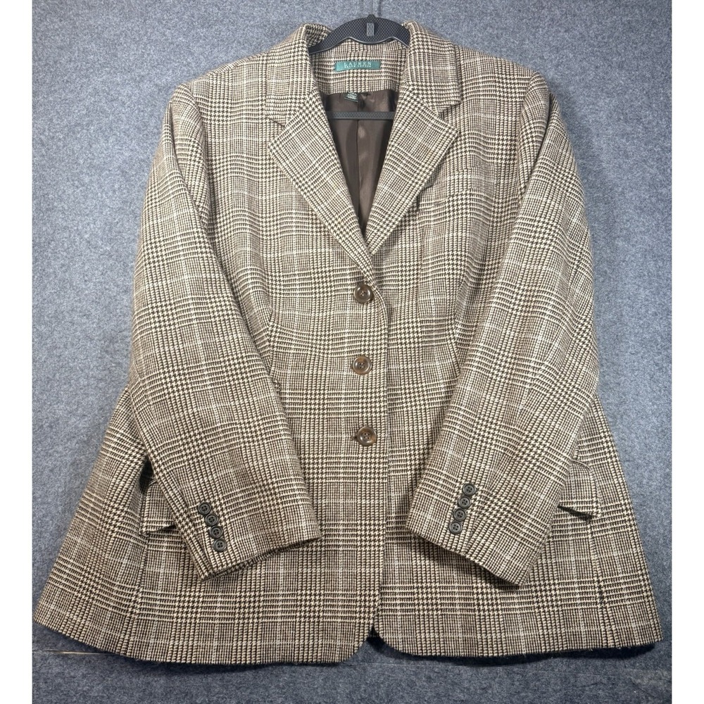 Lauren Ralph Lauren Women's Plaid Wool Blend Blazer Jacket Brown Size 16W